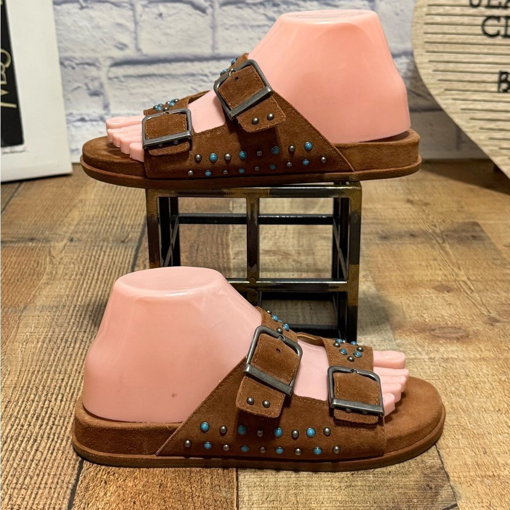 Johnny Was turquoise studded buckle suede slip on sandals